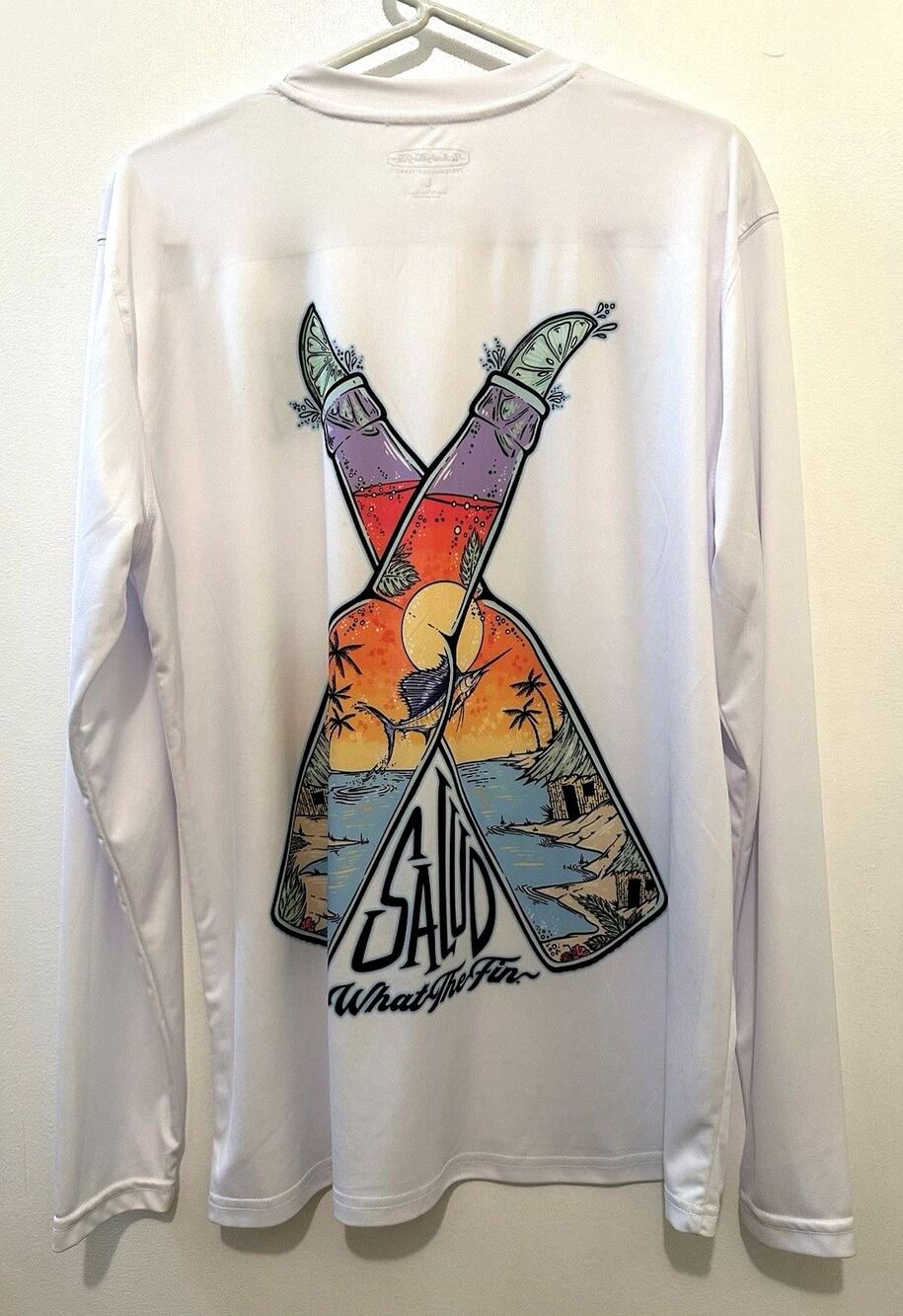 What the Fin Performance Shirt Long Sleeve White "Salud" Size Large Graphic Tee